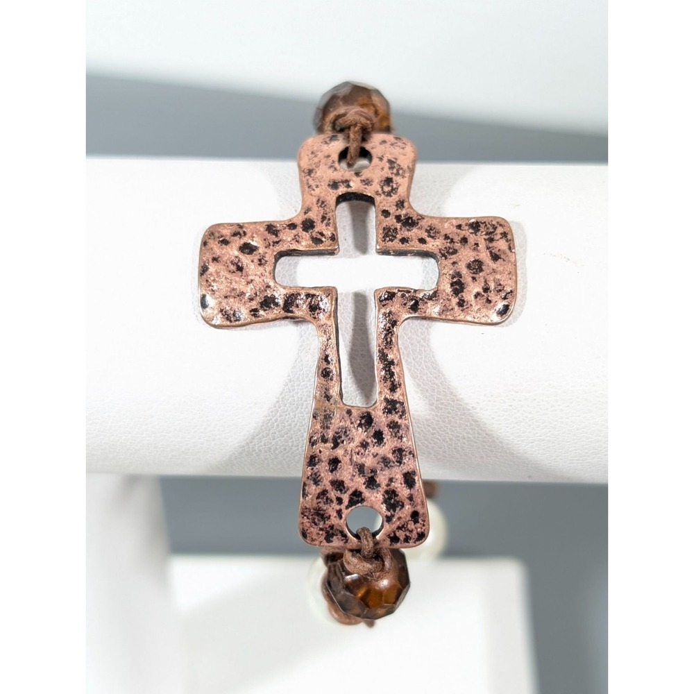 Boho Hammered Copper Tone Cross Faux Pearl‎ Cord Bracelet 6.5"